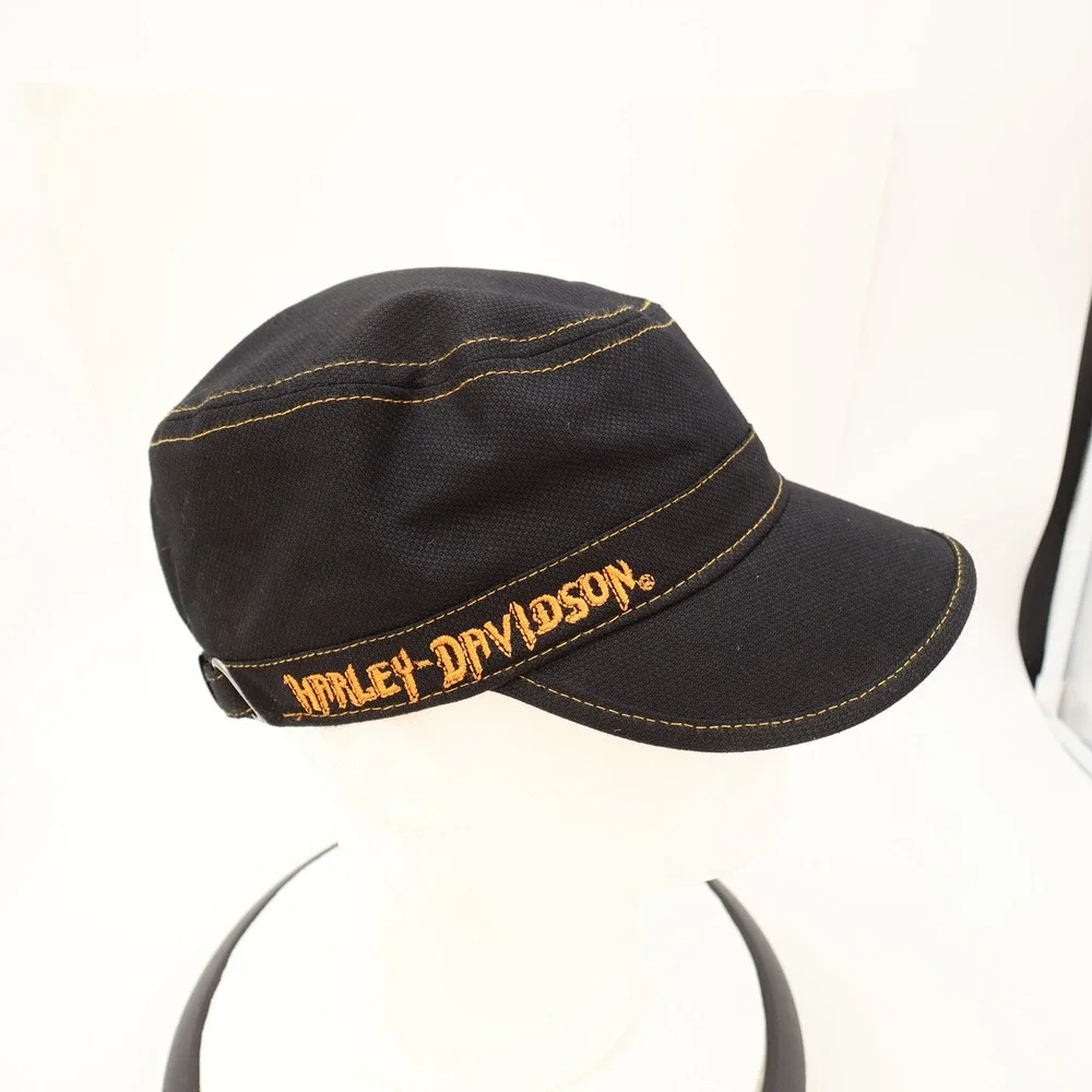Harley Davidson Mens Black Canvas Military Cadet Hat Orange Contrast Stitching